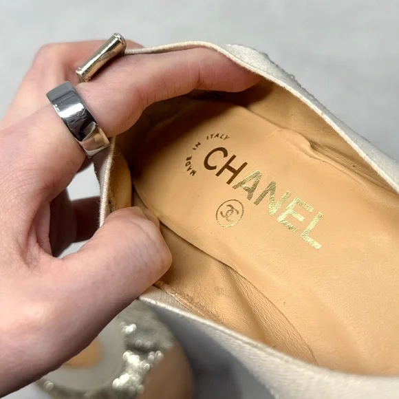 CHANEL CC Coco Mark Sequin Leather Elastic Block Heel Pumps Glam Designer Y2K - Picture 9 of 15